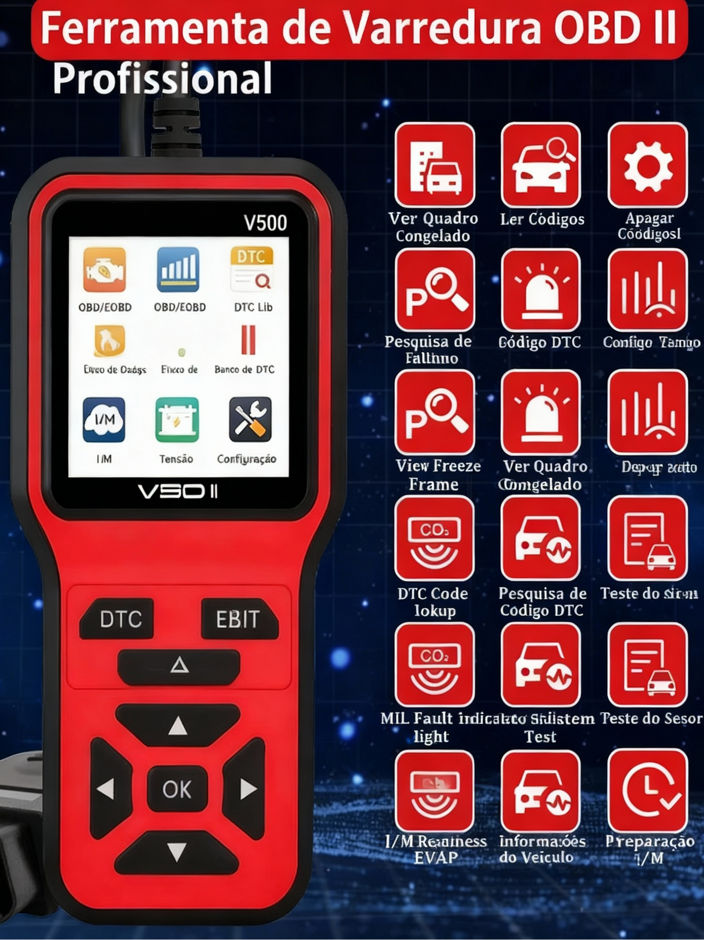 Scanner OBD II V500 Profissional para Diagnóstico Automotivo