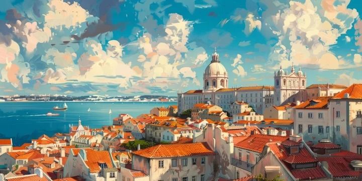 Cityscape with buildings and a large dome under a blue sky with clouds.
